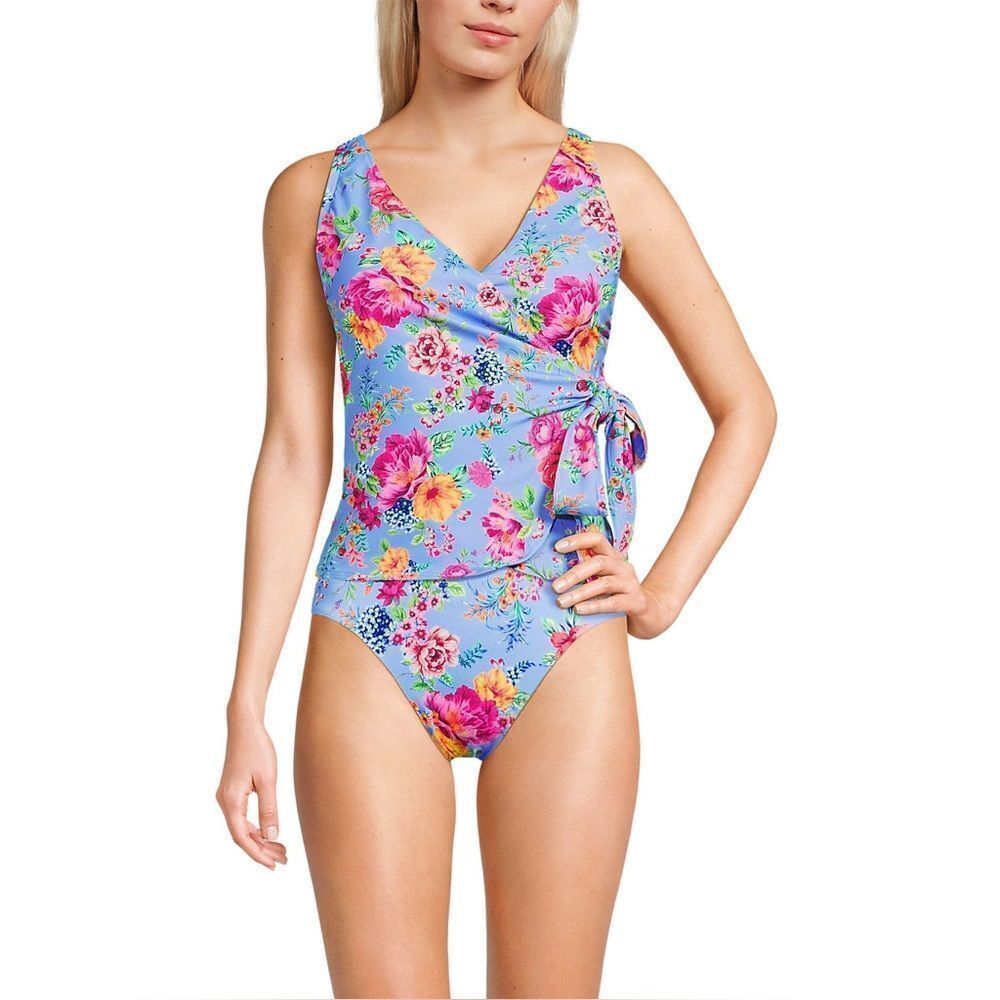 Land's End Plus Standard side tie tankini soft cup cloud blue romatic floral Var